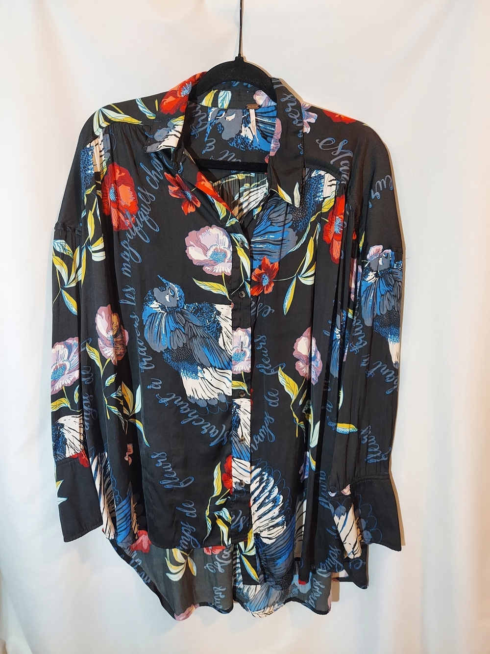 Free People Silky Nights Floral Bird Hi-Lo Tunic Oversized Blouse